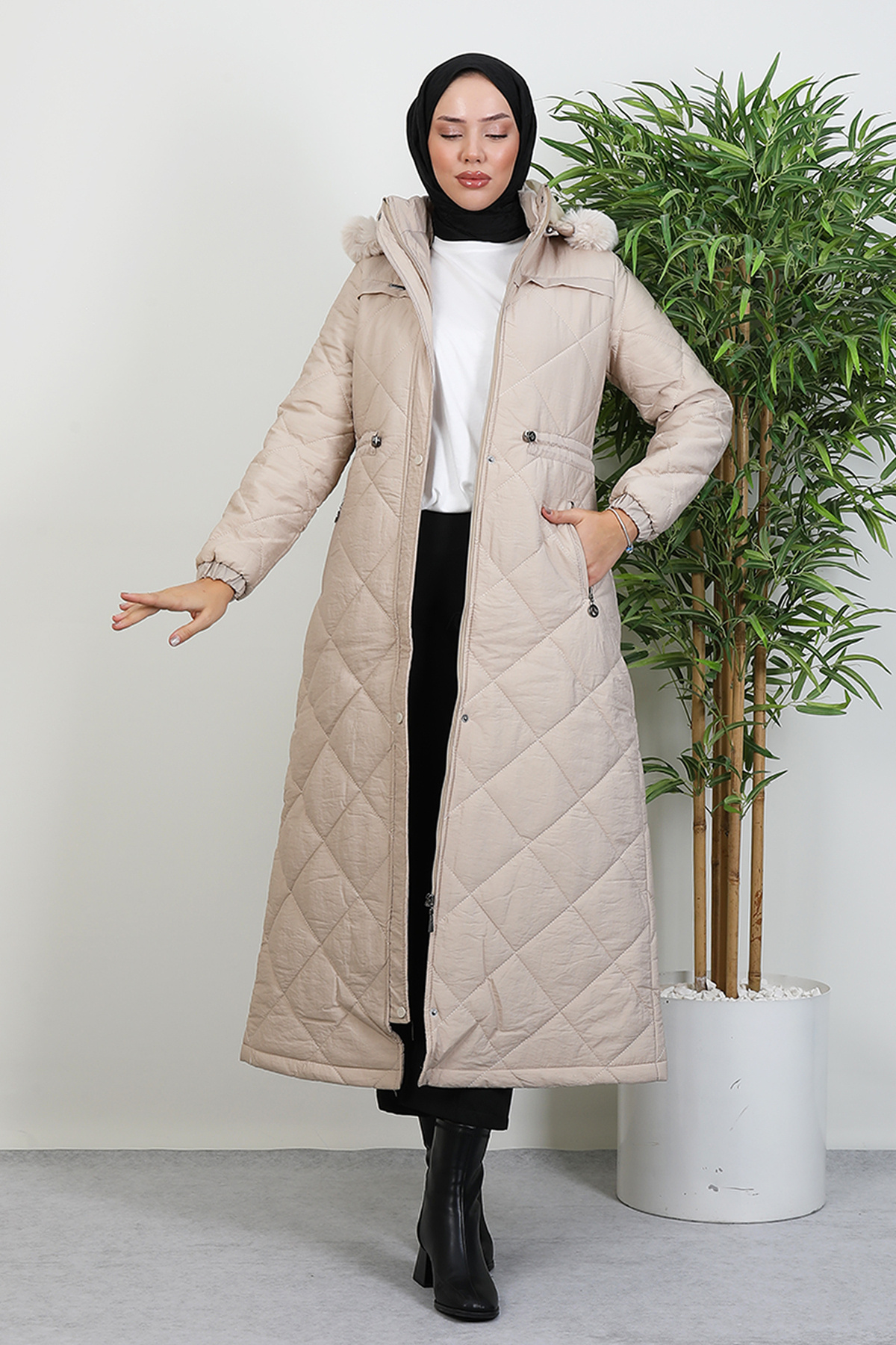 Lamia Giyim  Aysema Kürklü Şişme Mont Açık Pudra - Görsel 5