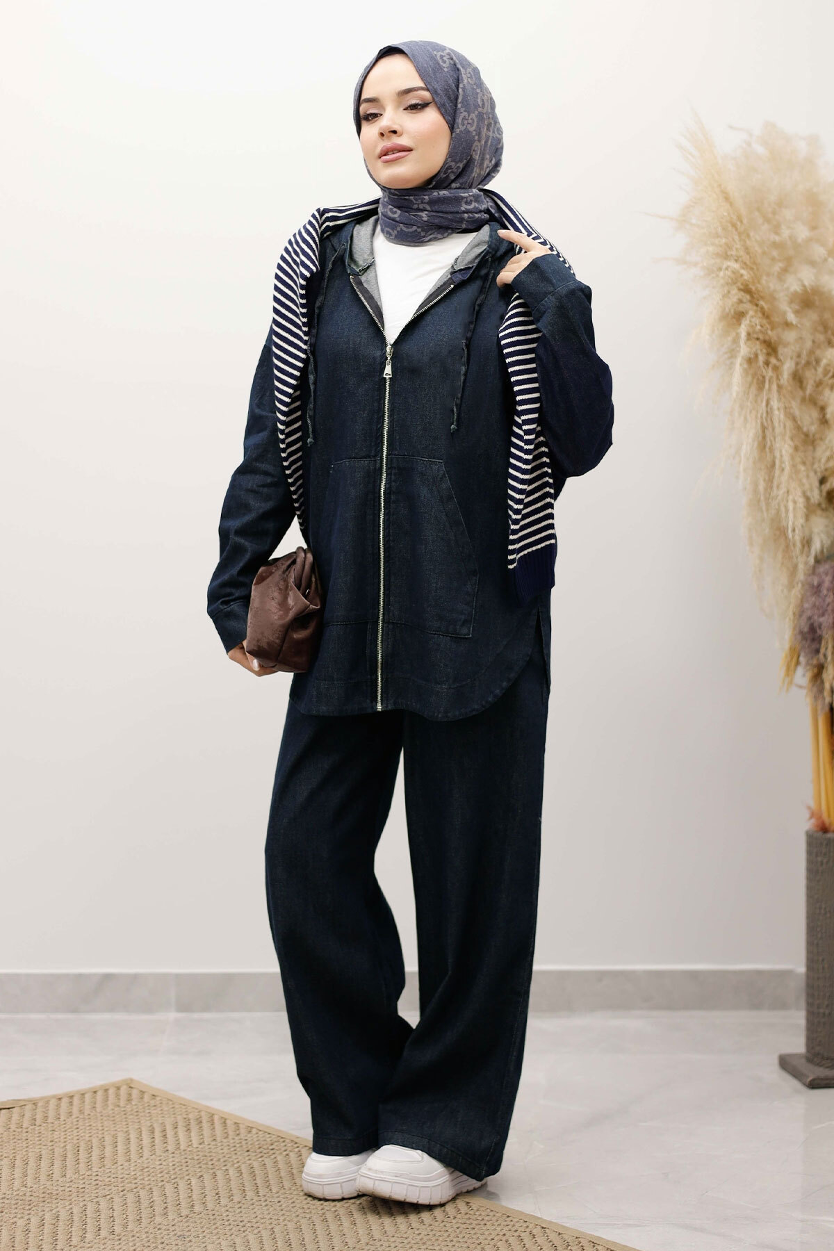 Tesettür Dünyası Zippered Hooded Denim Suit Tsd250250 Dark Blue