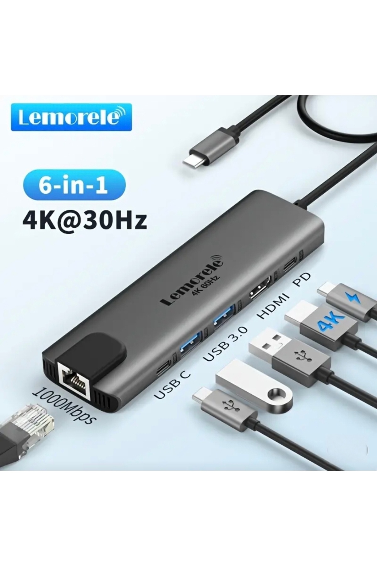 lemorele 6'nın 1'i Type-C Pd 100W/HDMI 4K/Rj45 1000Mbps./Usb 3.0 Hub Çoklayıcı Ce Lisanslı Orijinal