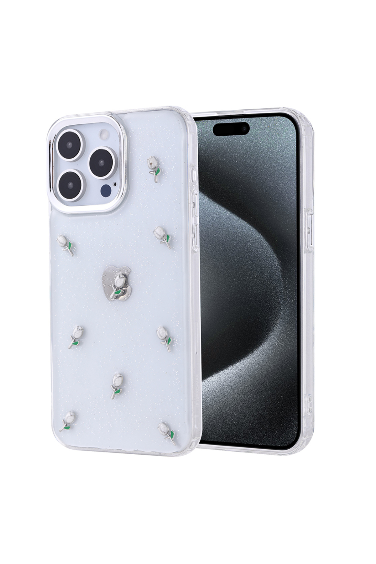iPhone 15 Pro Max Kılıf Airbag Tasarımlı Simli Şeffaf ATA Kutup Kapak - Lale