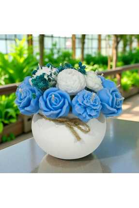 MODA Mavi & Beyaz Çiçekli Kokulu Vazo Mum – %100 Soya Wax – El Yapımı Dekorat...