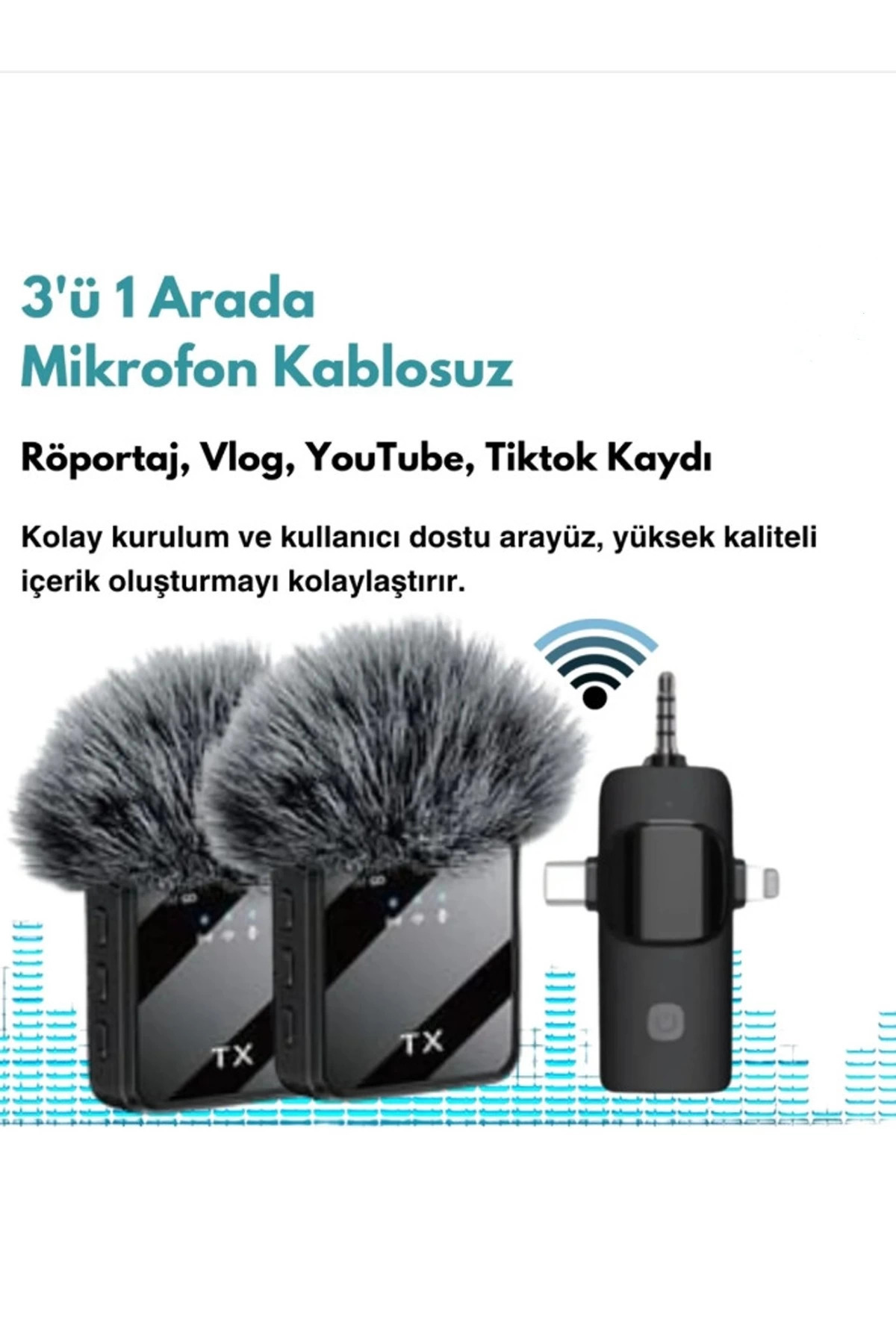 FarkAvm Yüksek Kalite Profesyonel 3 In 1 Kablosuz Taşınabilir Yaka Mikrofonu Tüylü