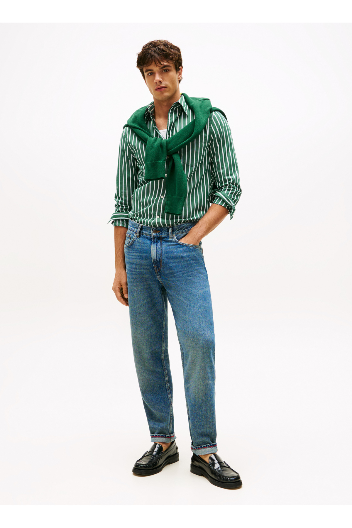 تامی هیلفیگر پیراهن مردانه یقه گرد معمولی سبز MW0MW404560CG_FLEX POPLIN GROUND ST