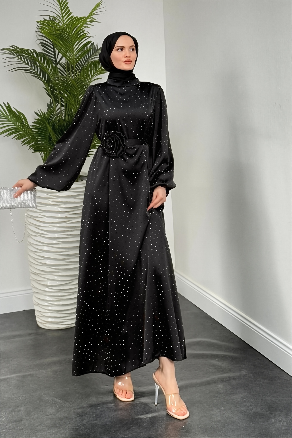 Cerenza Margherita Taşlı Balon Kol Abiye