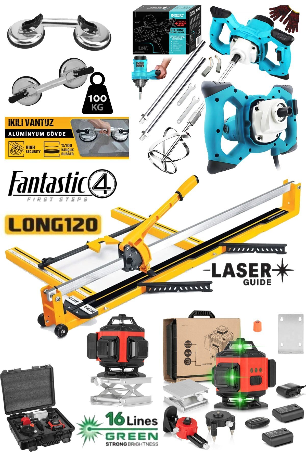 STAXX POWER Fantastic 4'lü Set 120cm Seramik Fayans Kesme Mak + 2'li Vantuz + Boya Karıştırıcı + 16 Satır Lazer