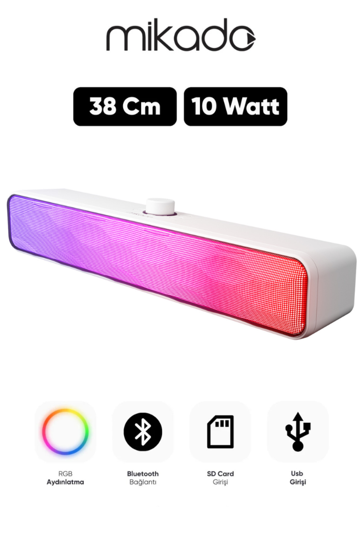 Mikado SBT31 10Watt 1200mAh RGB Bluetooth 5.3 Soundbar Speaker | Type-C, TF Card, USB, Aux Hoparlör Beyaz