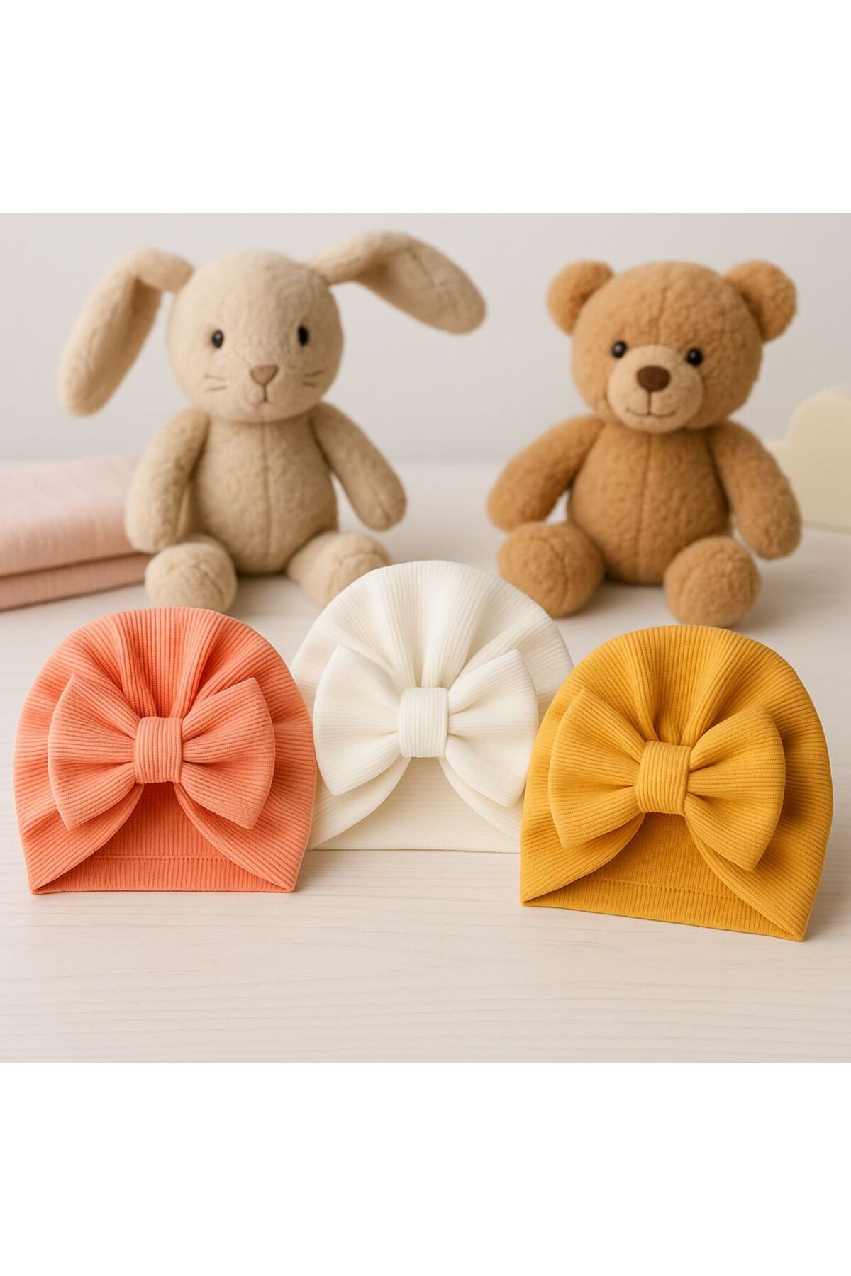 Bowtie Baby Bonnet 3-Piece Set- Salmon/ White / Mustard