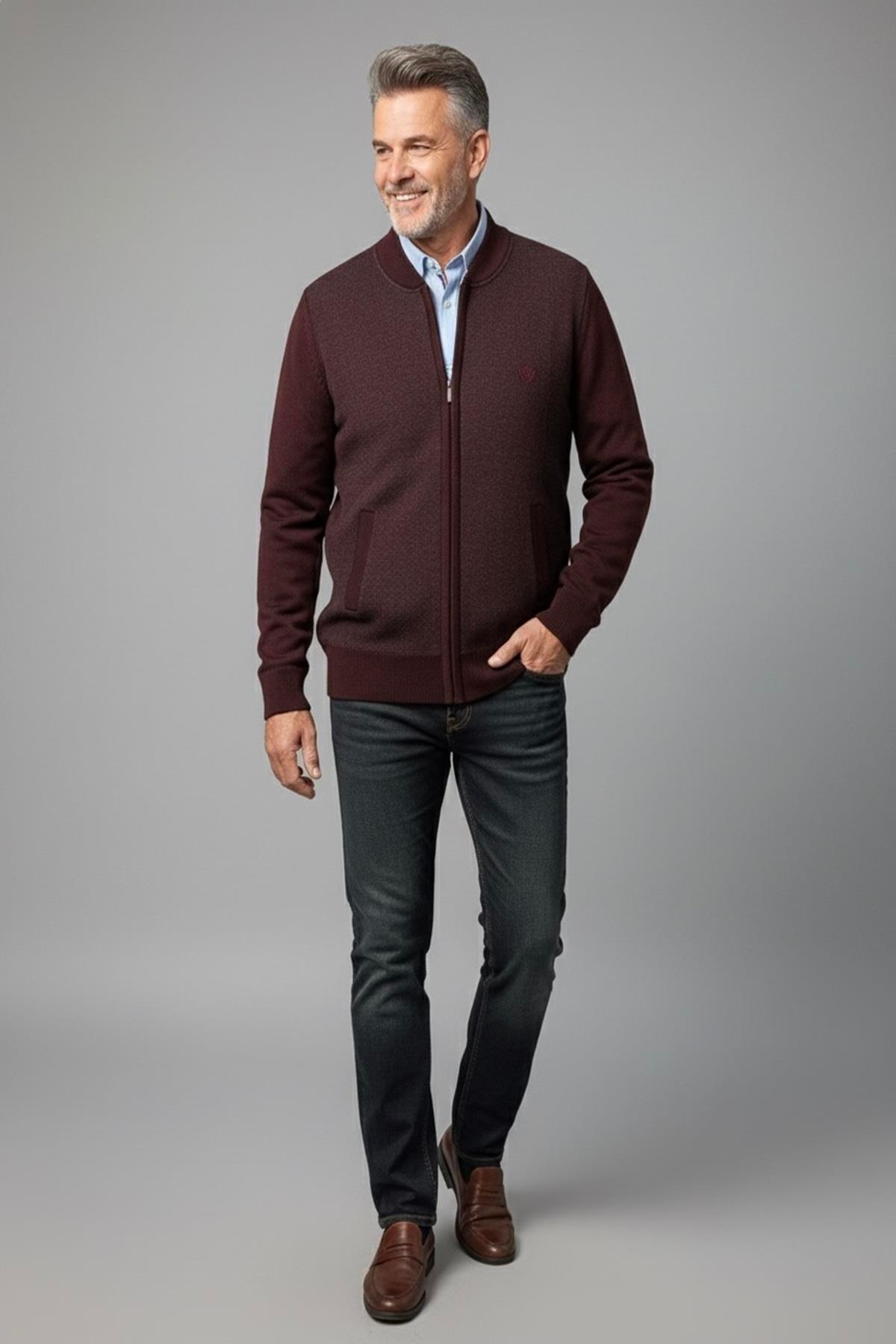 Mutlu City  Erkek Orta Yaş ve Üzeri Triko Örgü Akrilik Fermuarlı Kışlık Baba Hırka 2062-Bordo - Görsel 4
