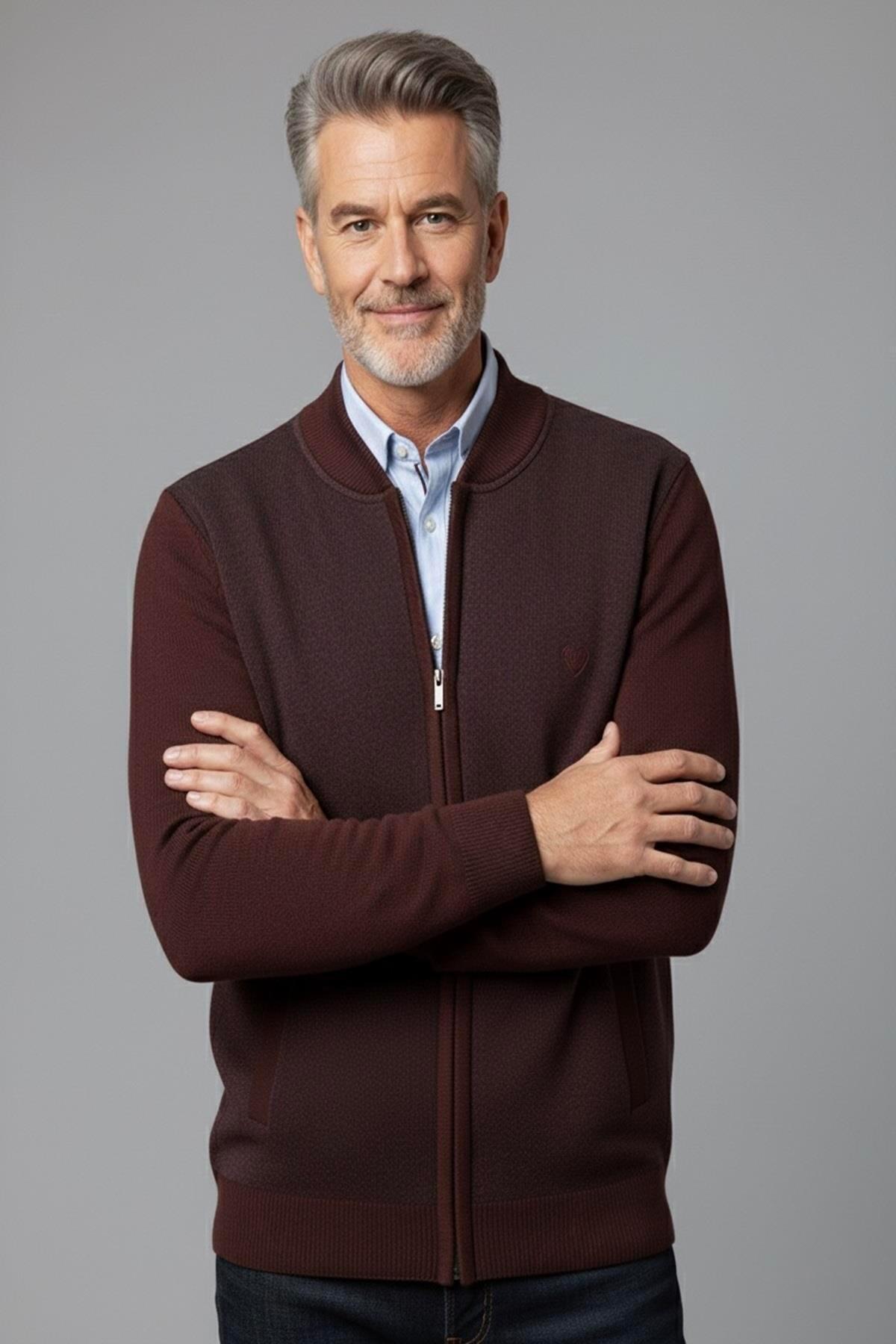 Mutlu City  Erkek Orta Yaş ve Üzeri Triko Örgü Akrilik Fermuarlı Kışlık Baba Hırka 2062-Bordo - Görsel 2