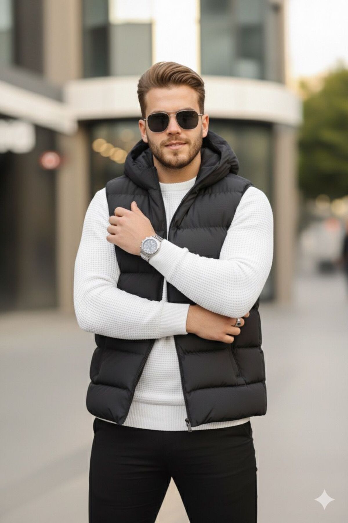 Last fashion Su Geçirmez Kapüşonlu Rahat Kalıp Şişme Yelek görsel 3
