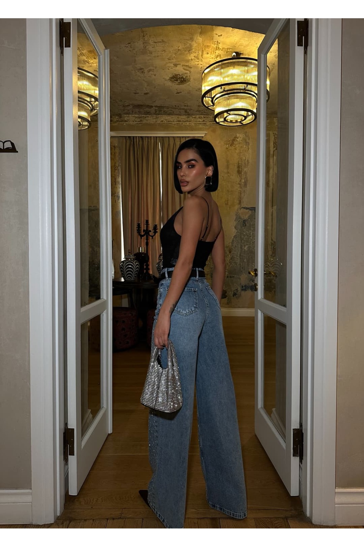 GLAMMOSS L'Atelier  Yüksek Bel Taşlı Wide Leg Baggy Jean - Görsel 7