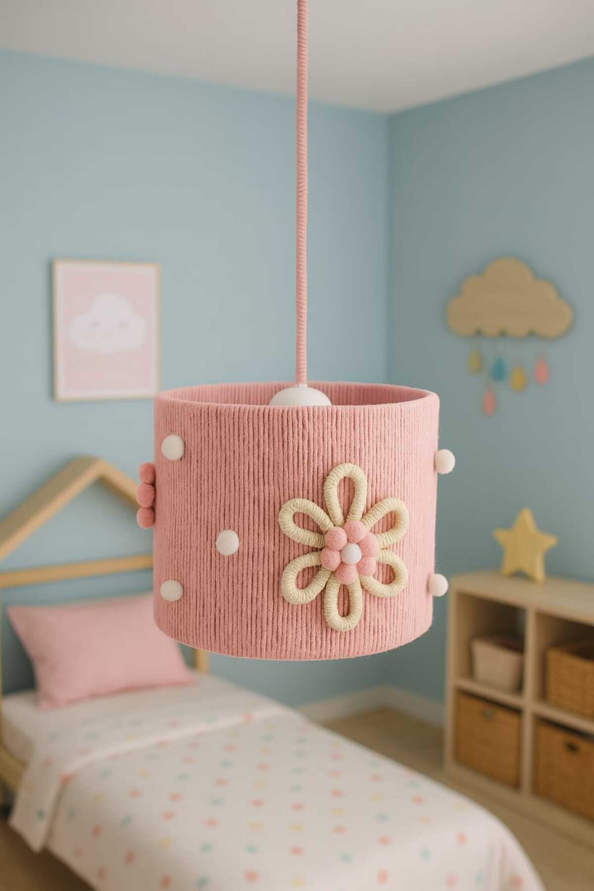 Pink Macrame Rope Wrap Flower Applique Ecru Pompom Design Baby Girl Girl Child-young Room Pendant