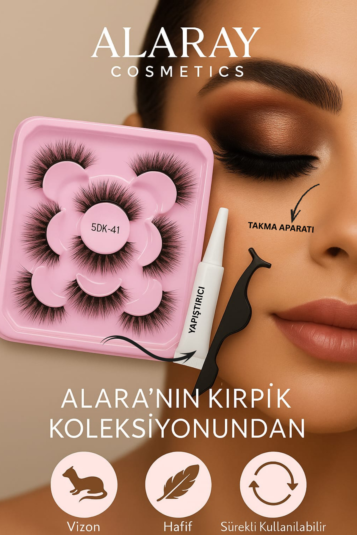 alaraycosmetics مجموعه مژه‌های آلارا: ۵ جفت مژه مصنوعی ابریشمی سمور + چسب و ابزار نصب — ALARALASH5CIFTVIZON