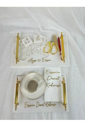 MERALP 8 Parça Nişan Tepsisi ,Damat Kahvesi Tepsisi , 2'Li Antik Gold Metal P...