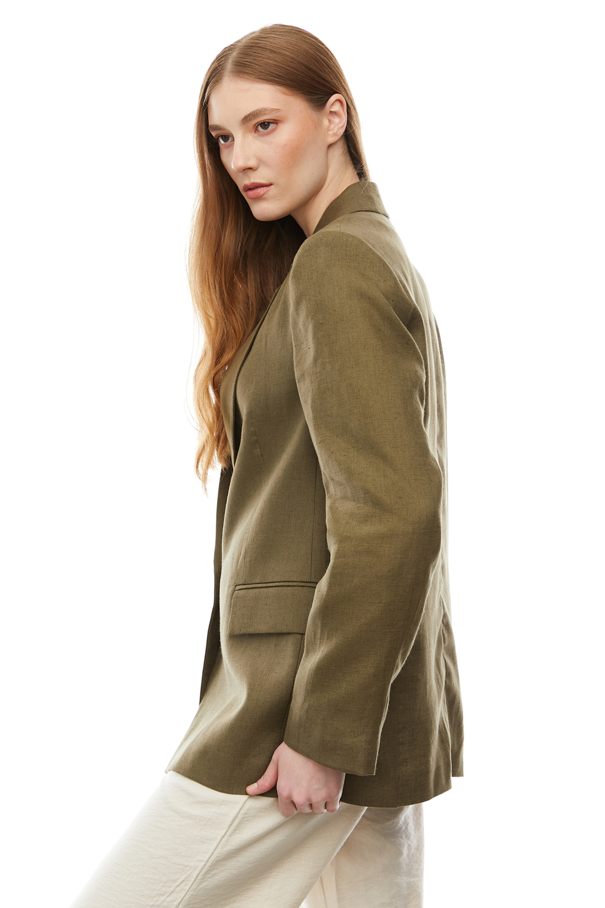 PAULMARK  Kadın Tek Düğmeli Keten Ceket - Görsel 8