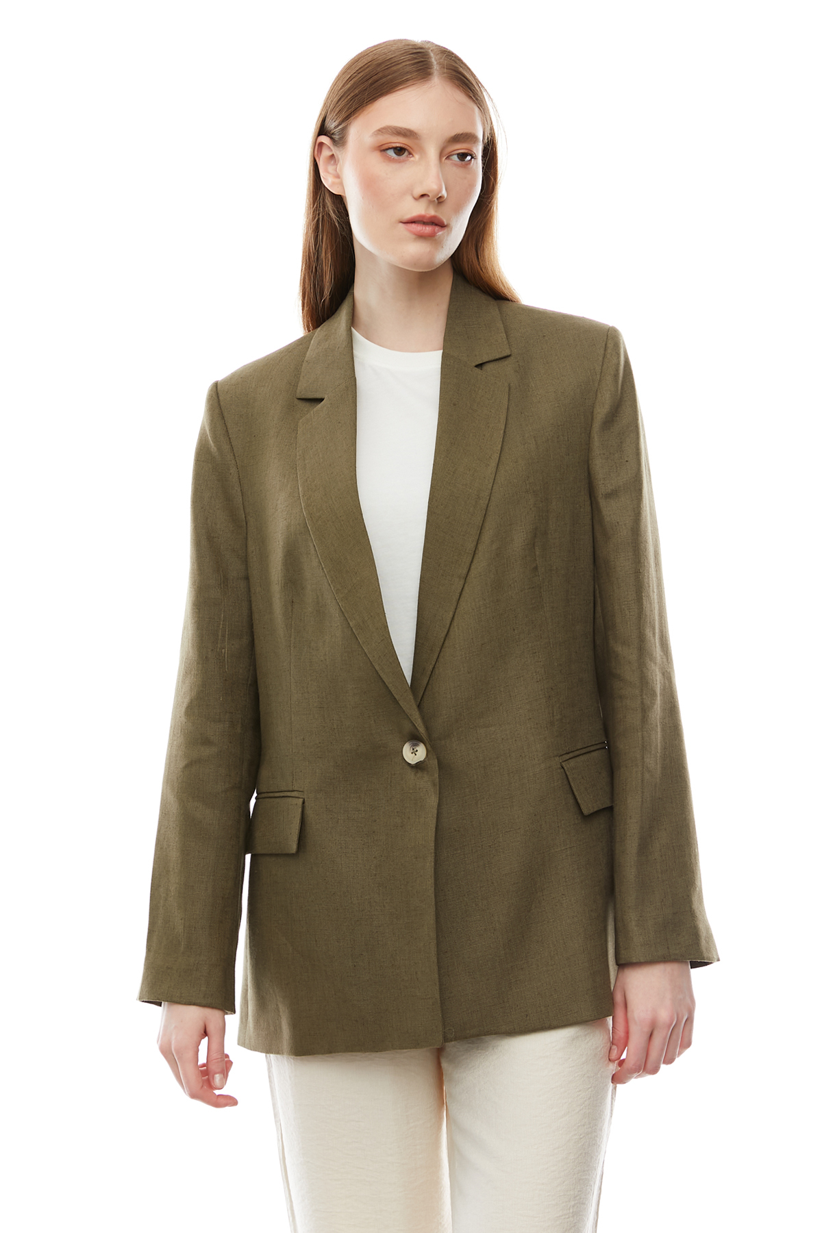 PAULMARK  Kadın Tek Düğmeli Keten Ceket - Görsel 2