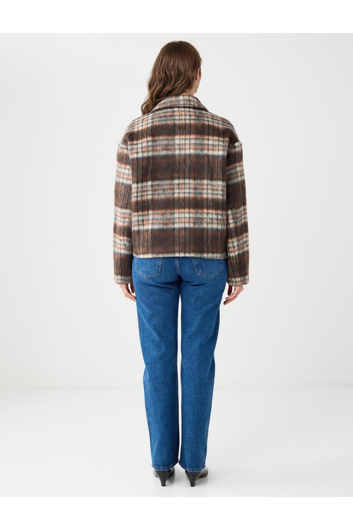 Jimmy Key  Turuncu Kruvaze Yaka Ekose Desenli Yün Karışımlı Kaşe Kaban - Görsel 6