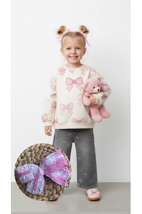 PİNİ CO Toka Hediyeli Sevimli Fiyonk Desenli Kız Çocuk Takımı (Sweatshirt & J...