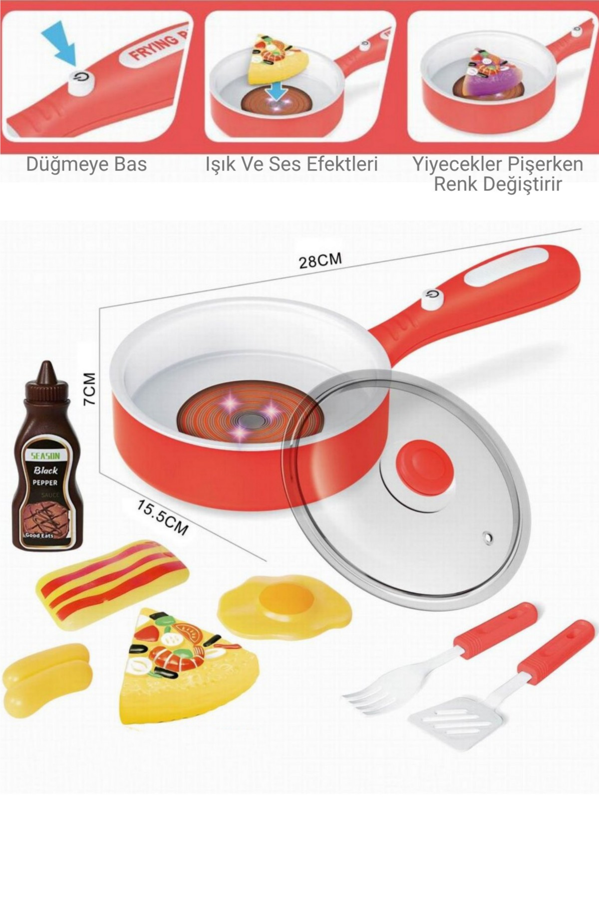 TUENGİ STORE Işıklı Ve Sesli Çocuk Pişirme ve Kızartma Tavası Oyuncağı Renk Değiştiren Yiyecekler Oyuncak Tencere