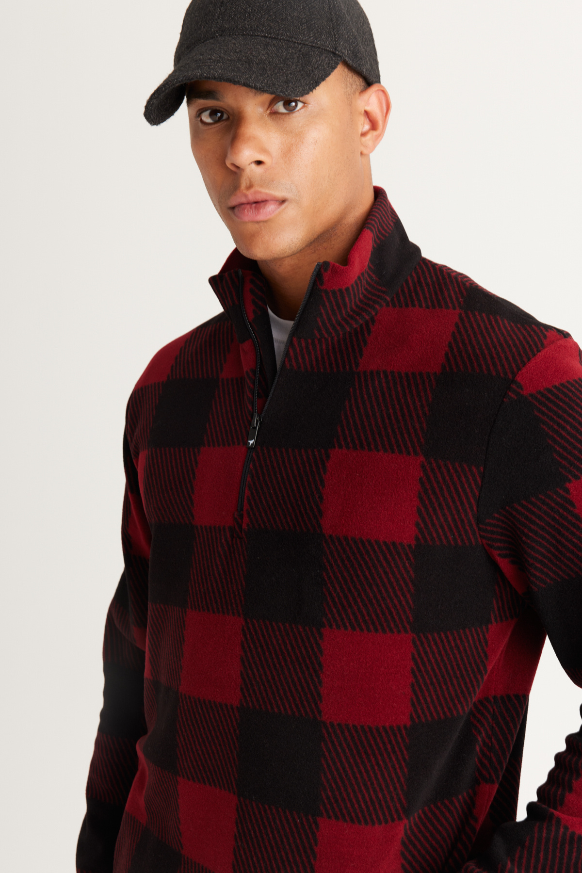 AC&Co / Altınyıldız Classics Bordo-siyah Standart Fit Normal Kesim Dik Bato Yaka Polar Sweatshirt görsel 5