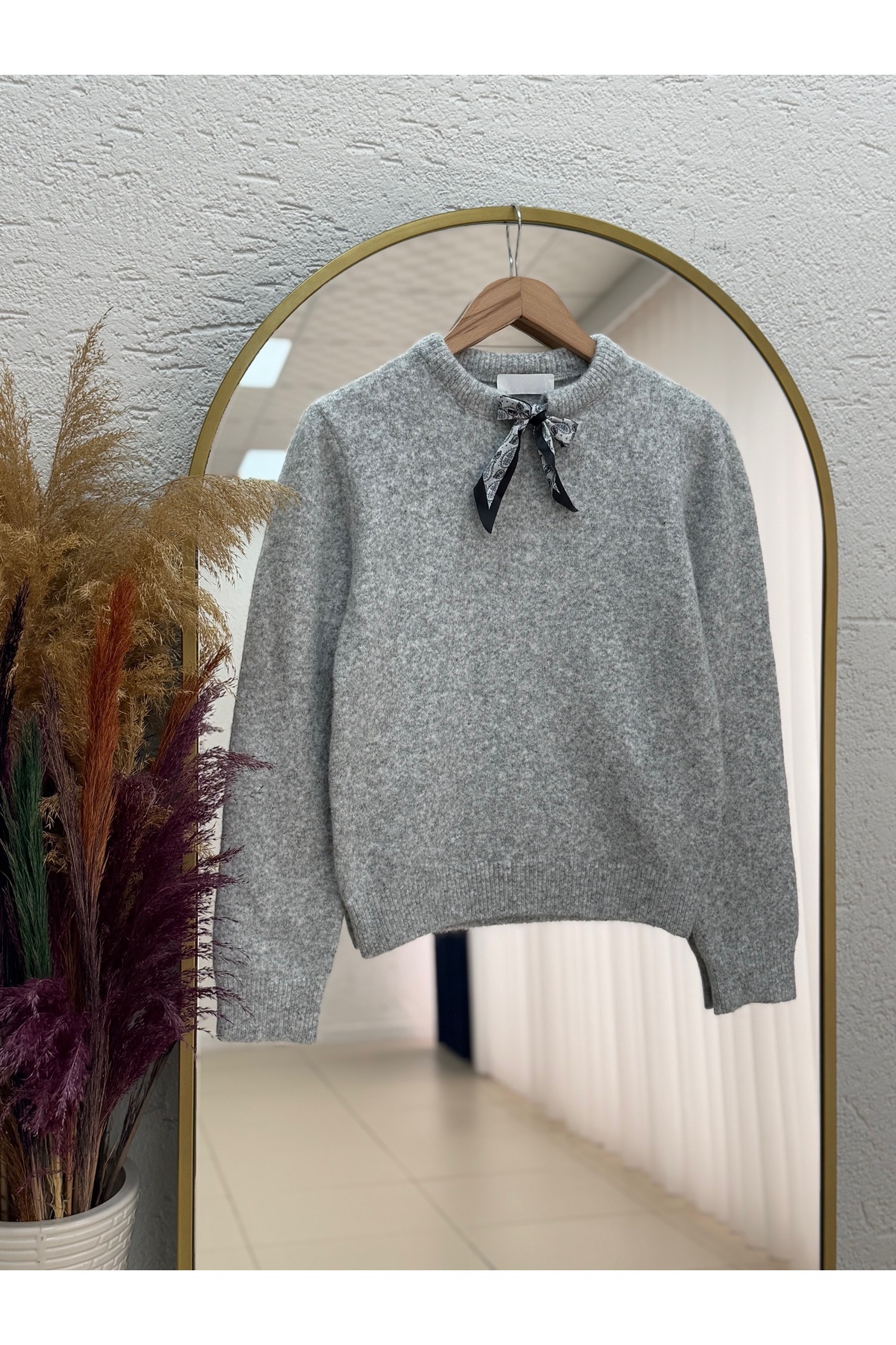 MİHRA STORE Camina Fularlı Mini Triko Kazak-KR5063 Gri