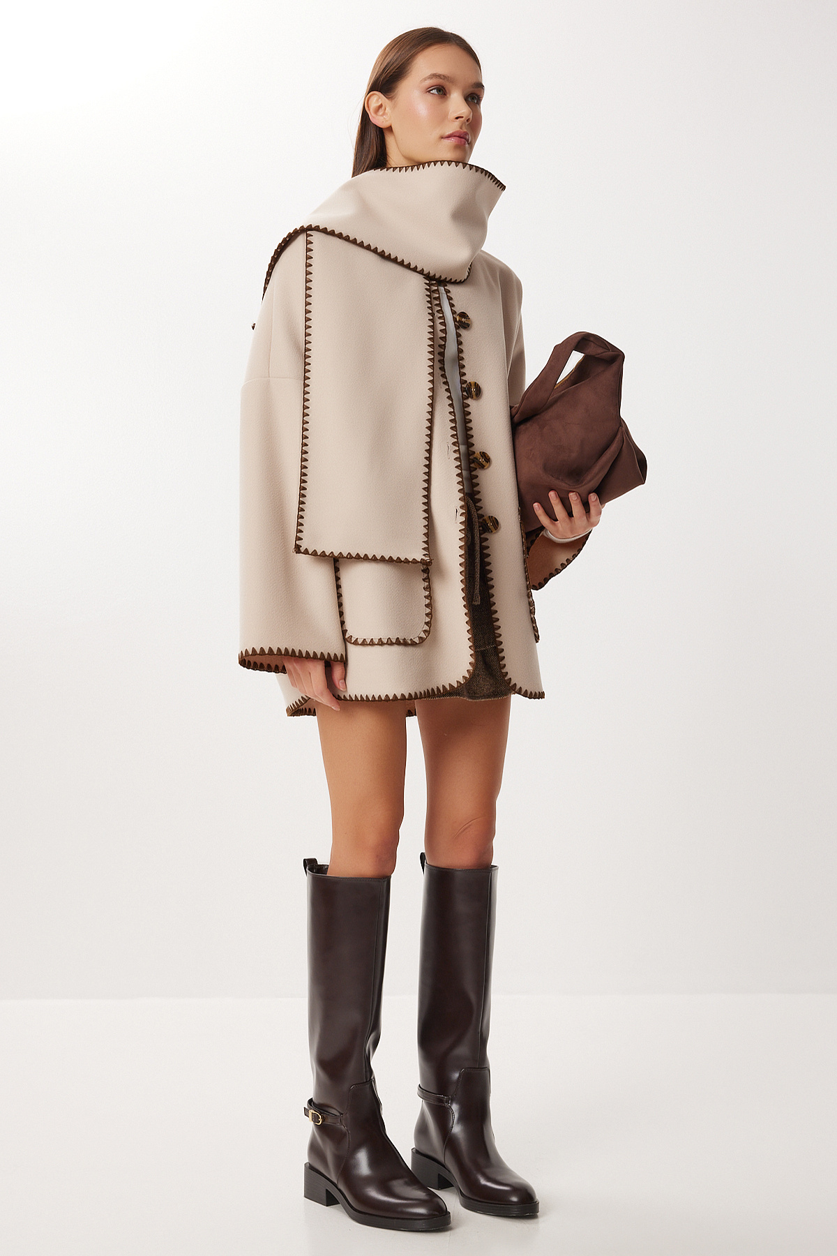 Lovelyİstanbul  Atkı Detaylı Nakış İşlemeli Kaşe Ceket LNT0015 BEJ - Görsel 2