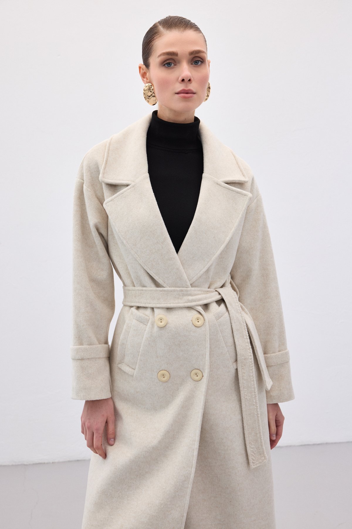 Sateen  Beli Bağlamalı Uzun Kaban - Taş - Görsel 7