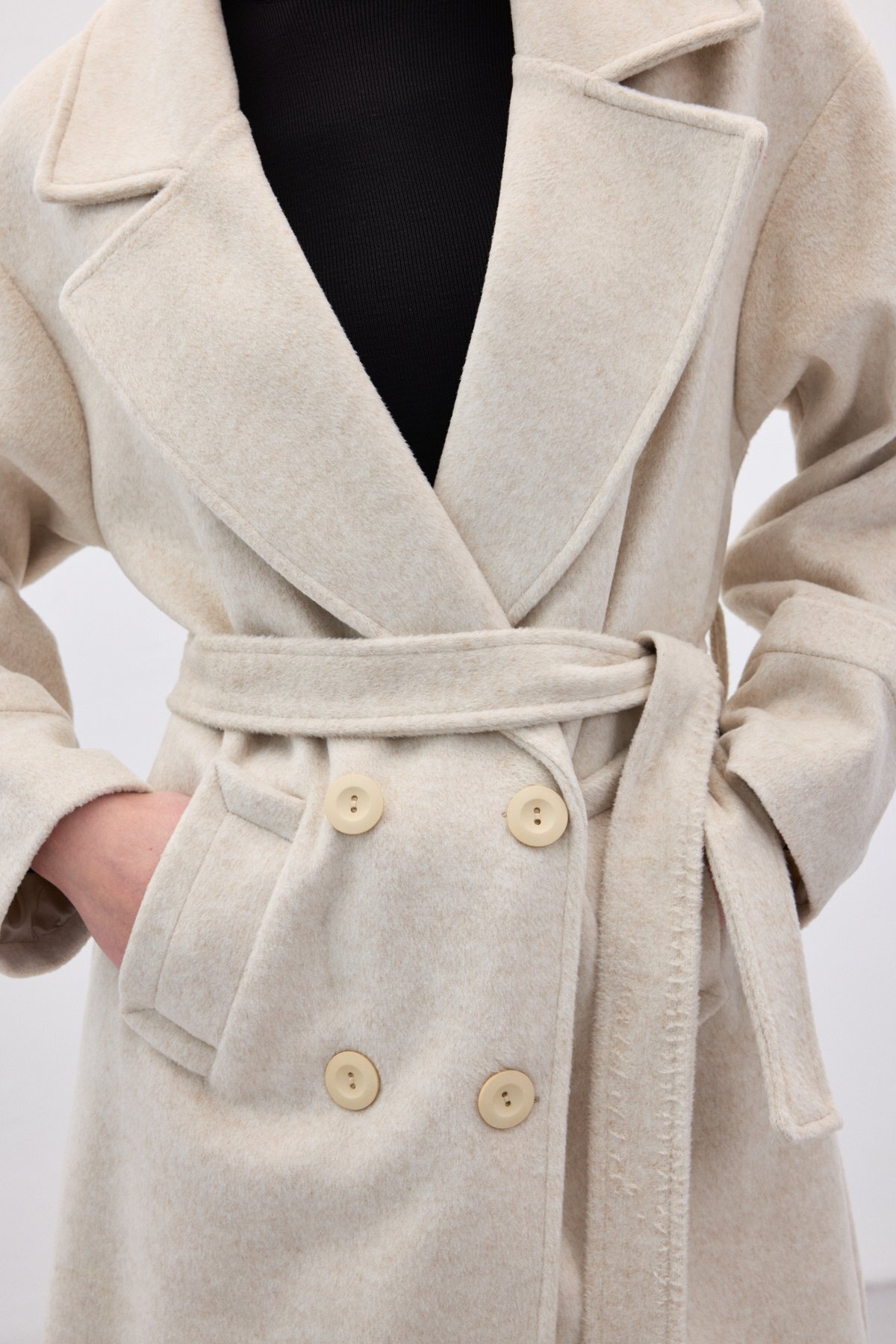 Sateen  Beli Bağlamalı Uzun Kaban - Taş - Görsel 8