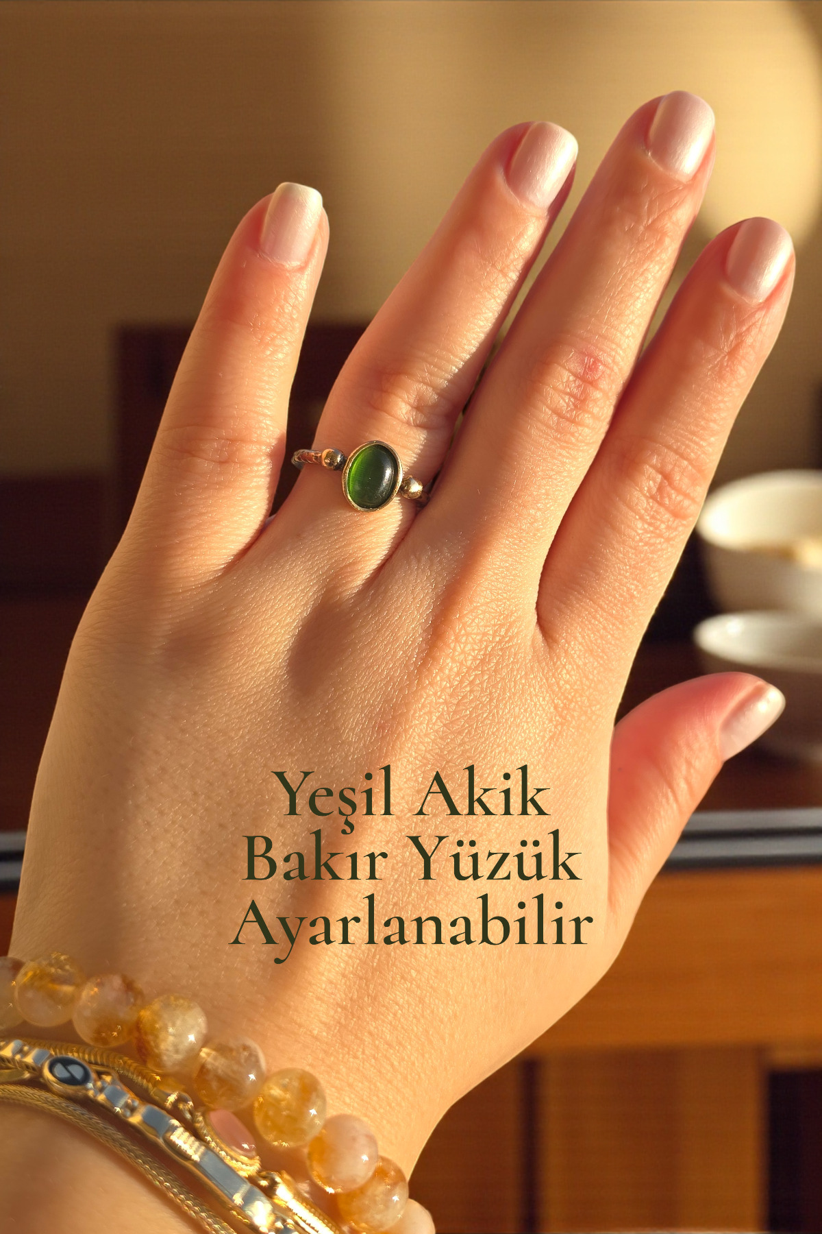 Copper Real Green Agate Ring Adjustable Quality 100% Genuine Copper Natural Stone