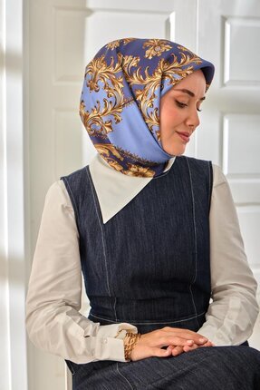 Silk Home Lacivert İndigo Mavi Barok Desen Tivil Dokuma Saf İpek Eşarp-KVS0878