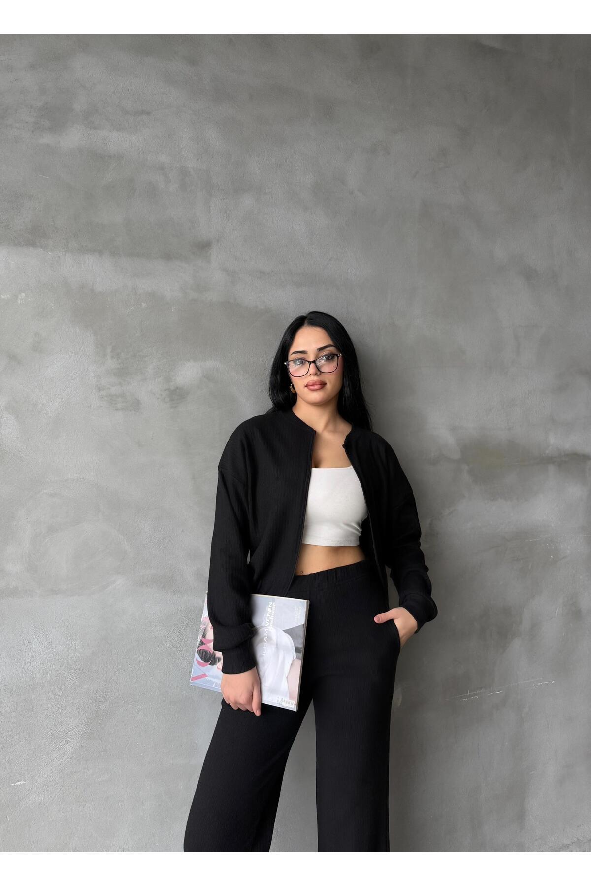 EYLANA ЧЕРЕН ШАРДОНЕ ПЛЕТЕНИ ПАНТАЛОНИ БОМБЕР ЯКЕТА ДАМСКИ КОМПЛЕКТ ОТ ГОРНА И ДОЛНА ЧАСТ