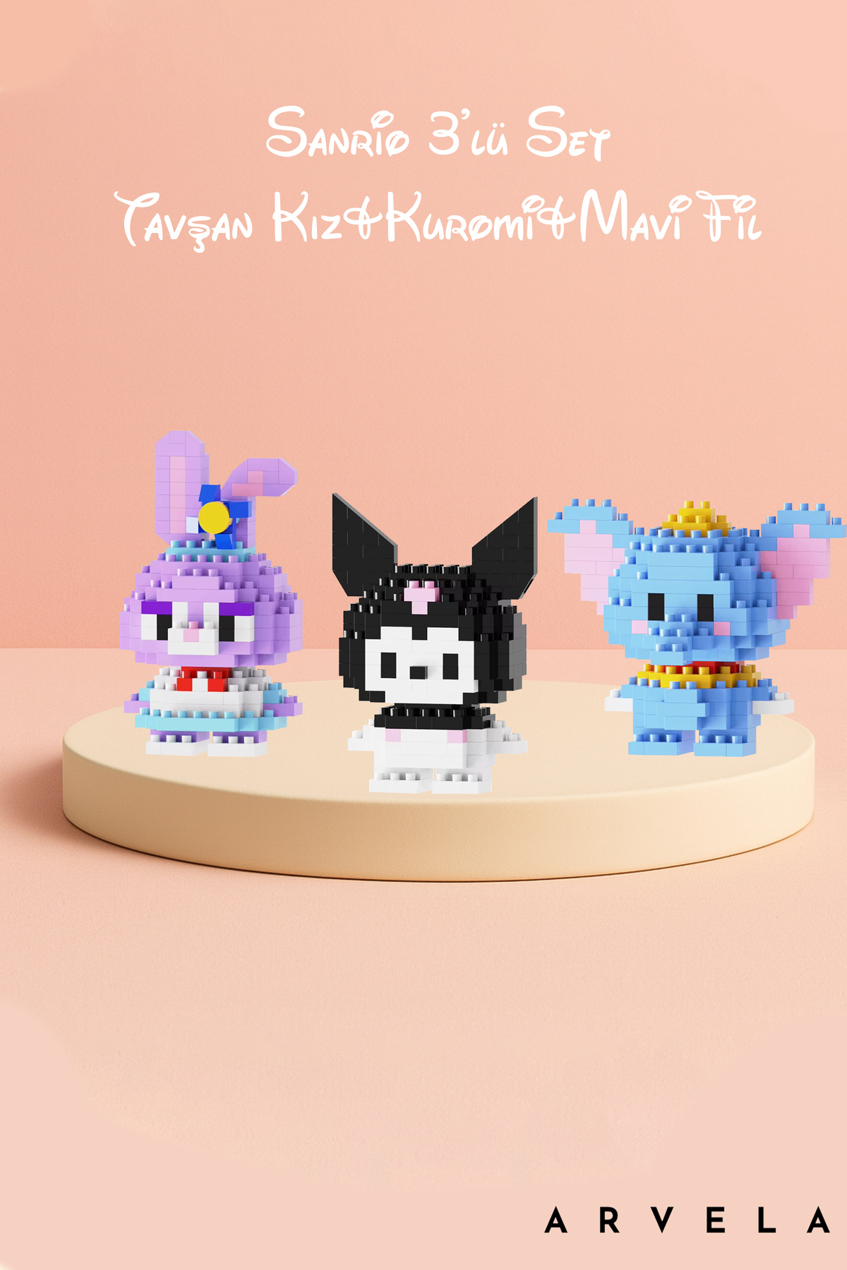 Arvela Mini Blok Oyuncak Figür Seti 3’lü – Tavşan Kız, Kuromi ve Mavi Fil