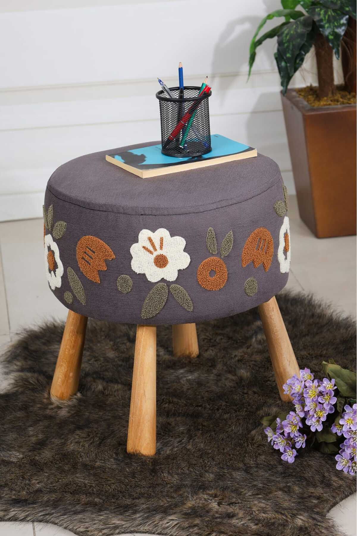 PUFMANYA ETNA PUNCH NAKIŞLI BOHEM STİLİ DOĞAL AHŞAP AYAKLI PUF KOLTUK