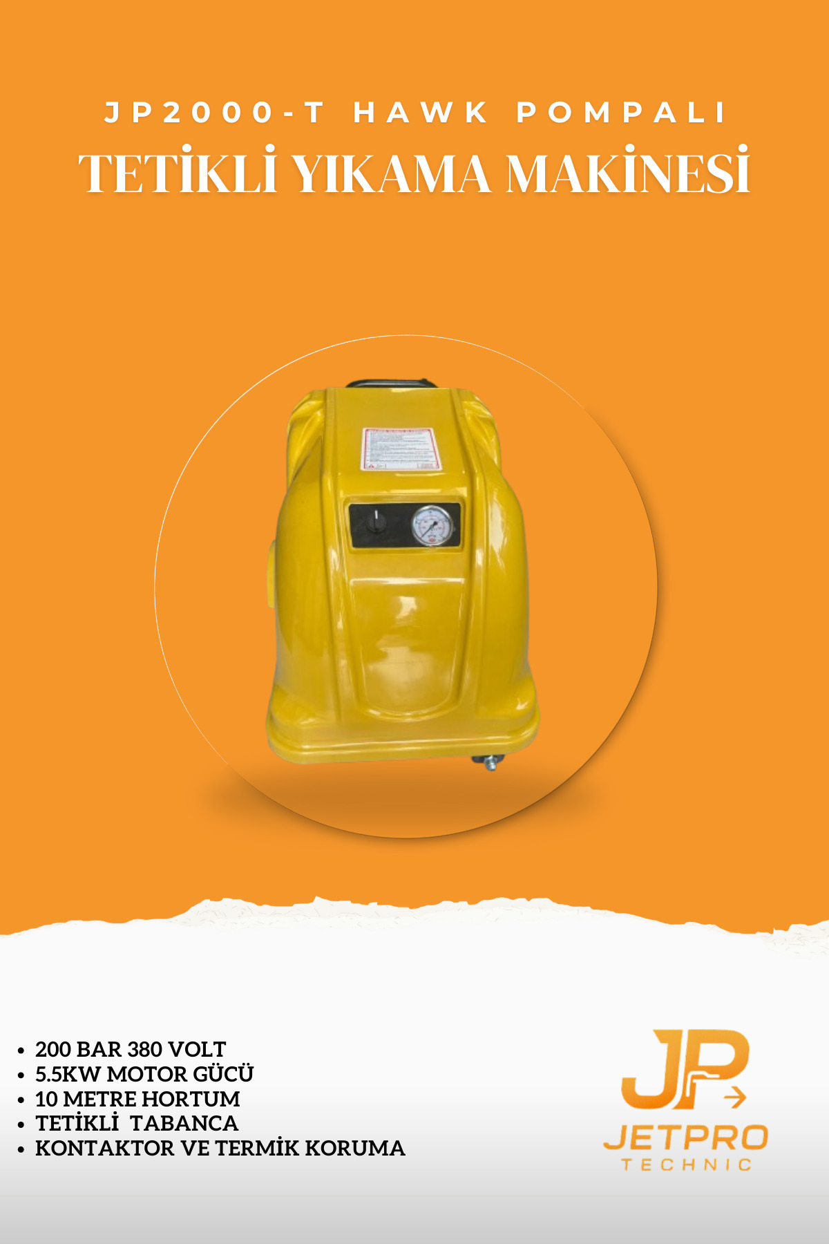 JetPro Teknik 200 Bar Yüksek Basınçlı Yıkama Makinesi İtalyan Hawk Pompalı