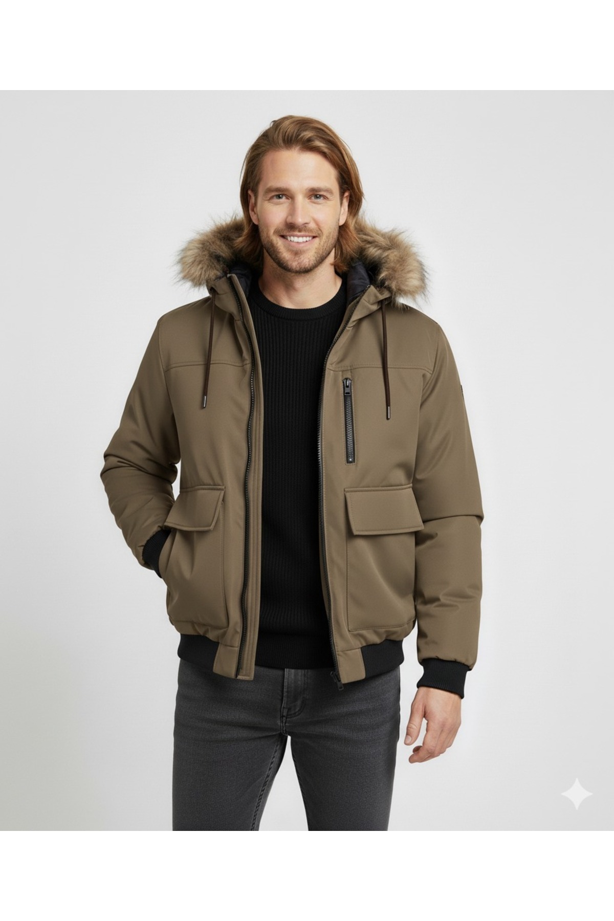 جک اند جونز کاپشن خلبانی کلاه‌دار خزدار مردانه از برند JJCHARLIE مدل FAUX FUR BOMBER