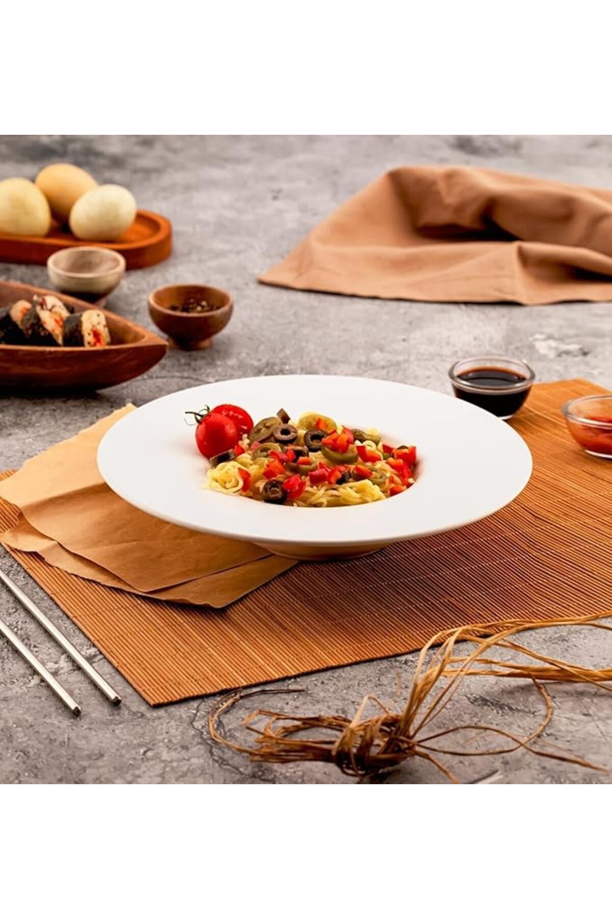 SoyluhanStore Ahşap Chopstick Ve Noodle Makarna Tabağı Set Beyaz