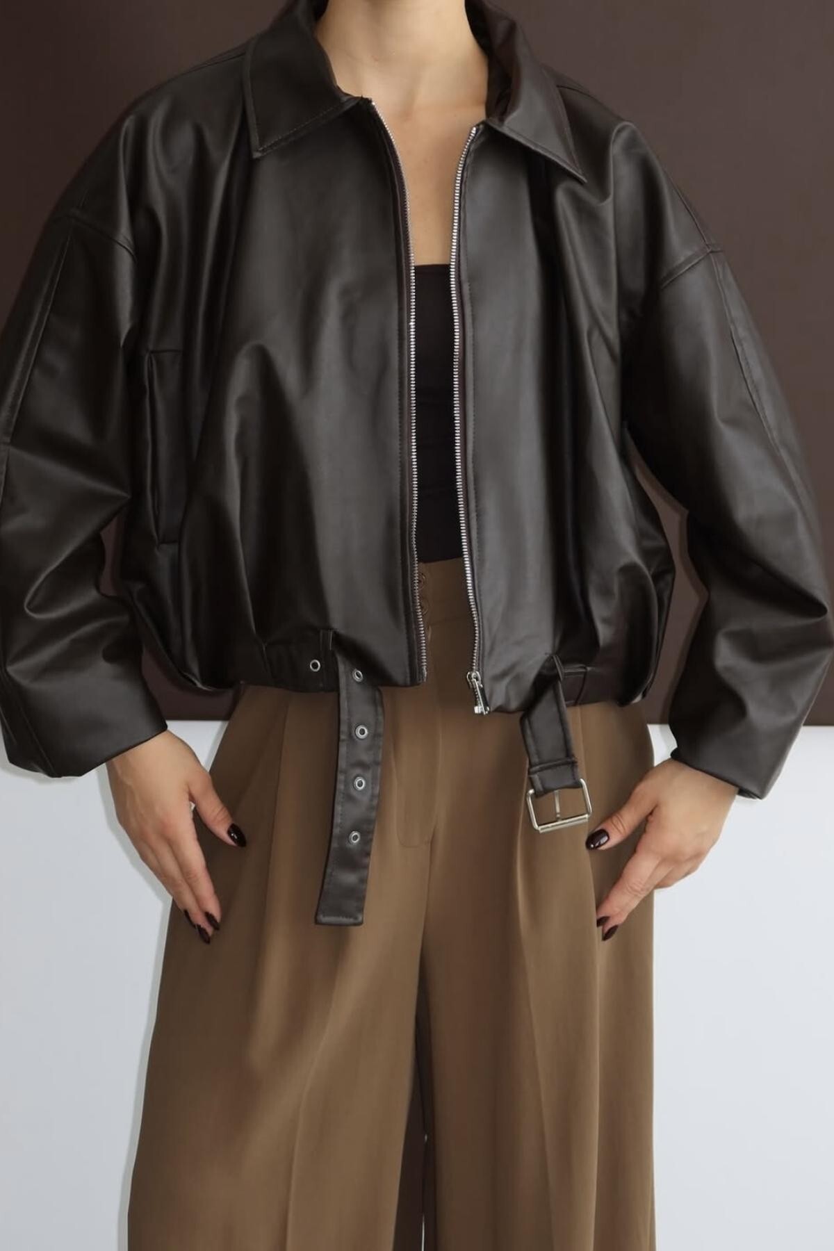 PRİFALDİ Zr Oversized Belted Bomber Brown Leather Jacket- Trendyol