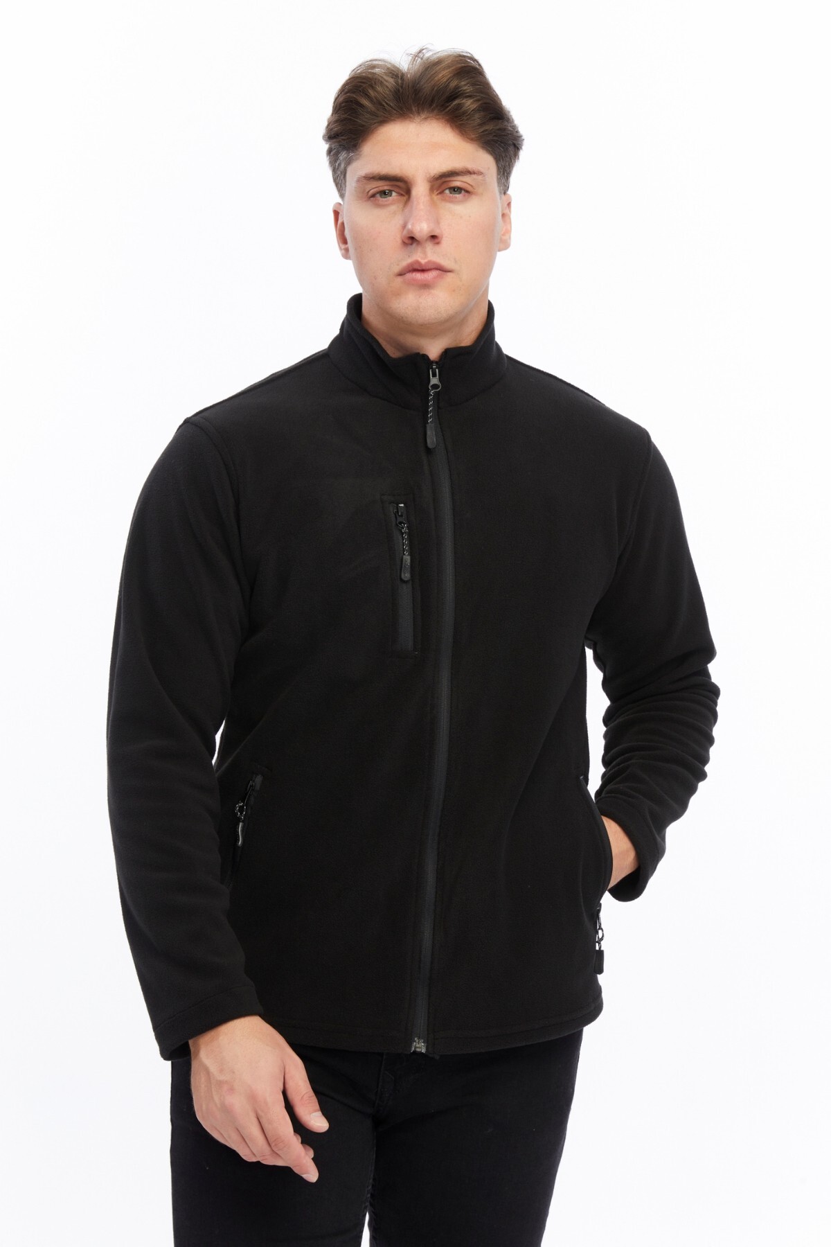Uniprom  Erkek Polar Ceket Tam Fermuarlı 3 Cepli Siyah Etek Reçme - Görsel 9