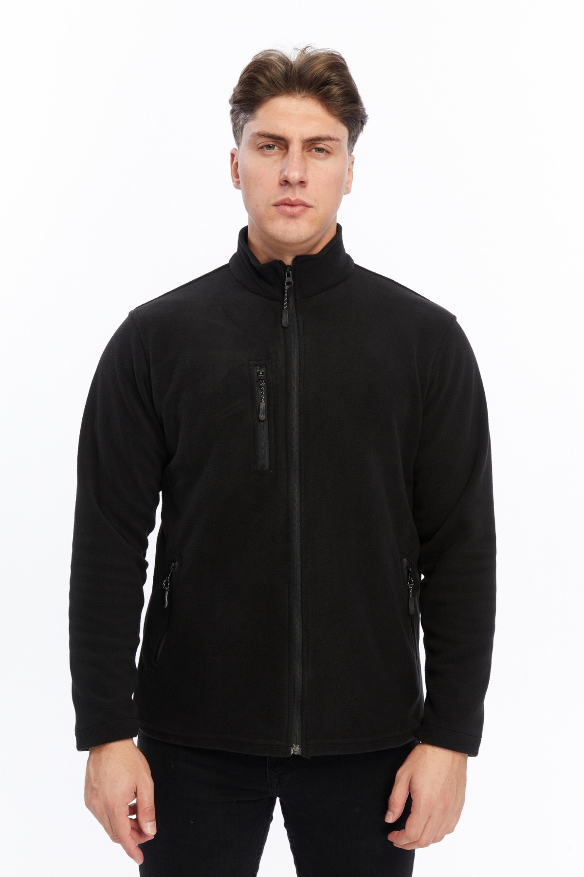 Uniprom  Erkek Polar Ceket Tam Fermuarlı 3 Cepli Siyah Etek Reçme