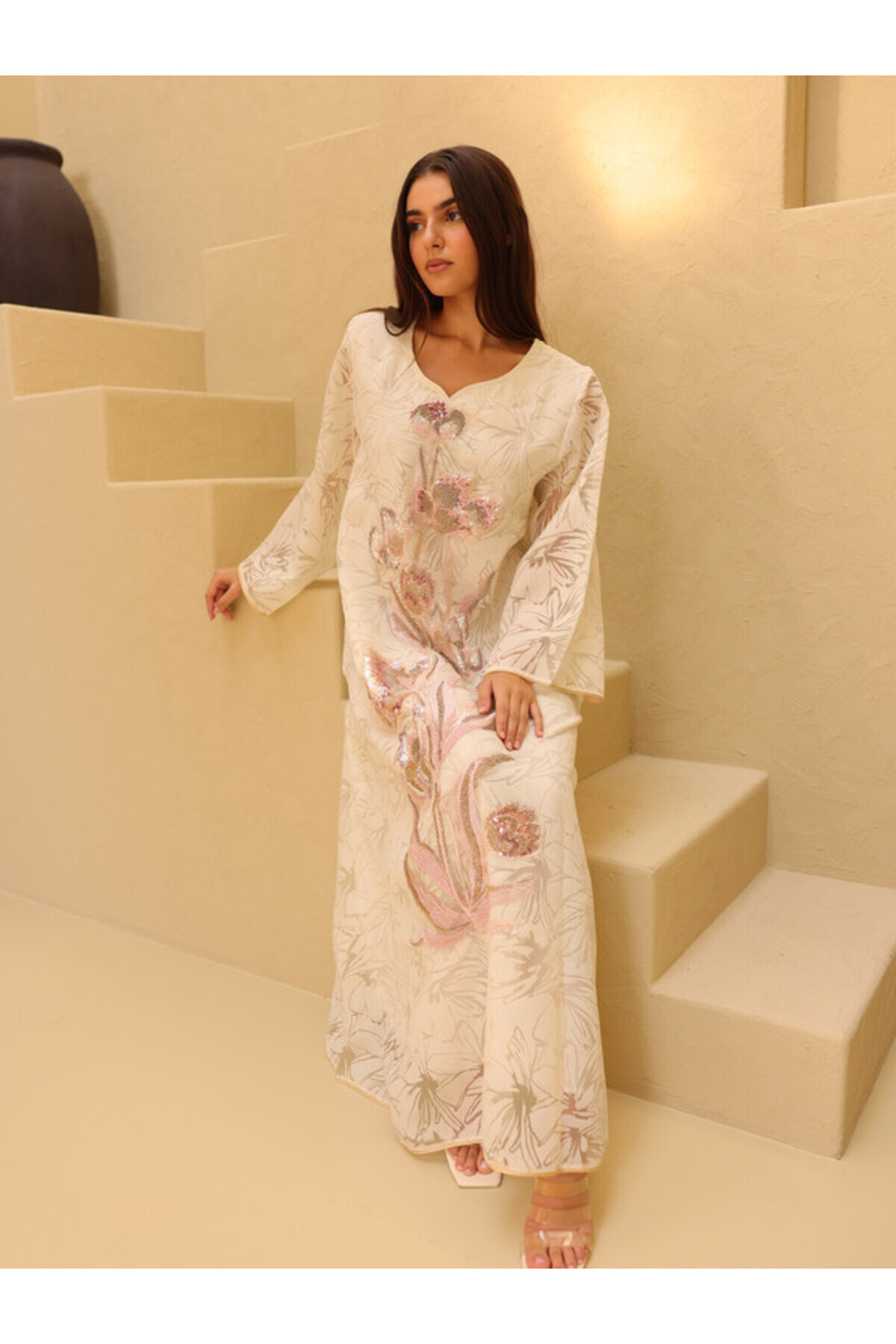IKKXA Elegant Sequin Floral Applique Jalabiya