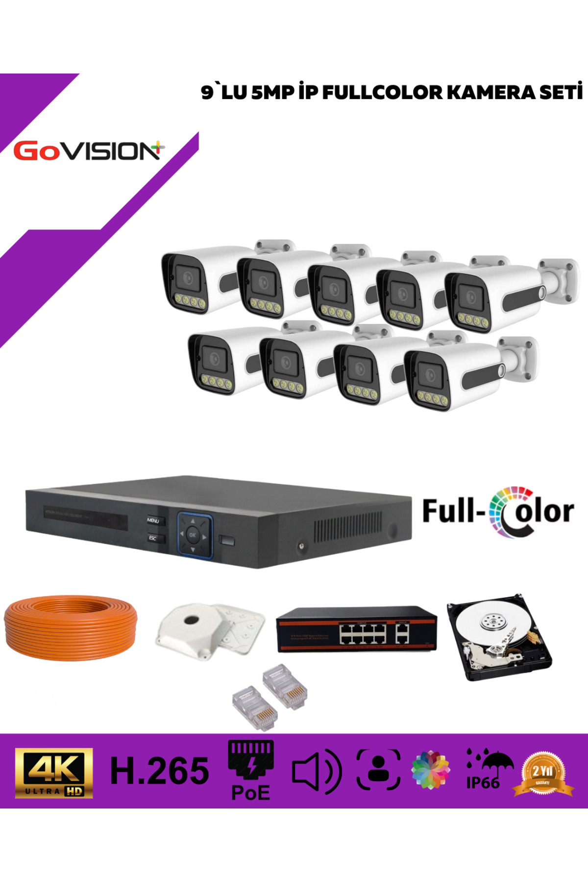 Go Vision 5'li Güvenlik Ip Kamera Seti-5mp Bullet Kamera,3.6mm Lens,H.265,Poe,Warm LED Gece Görüşlü