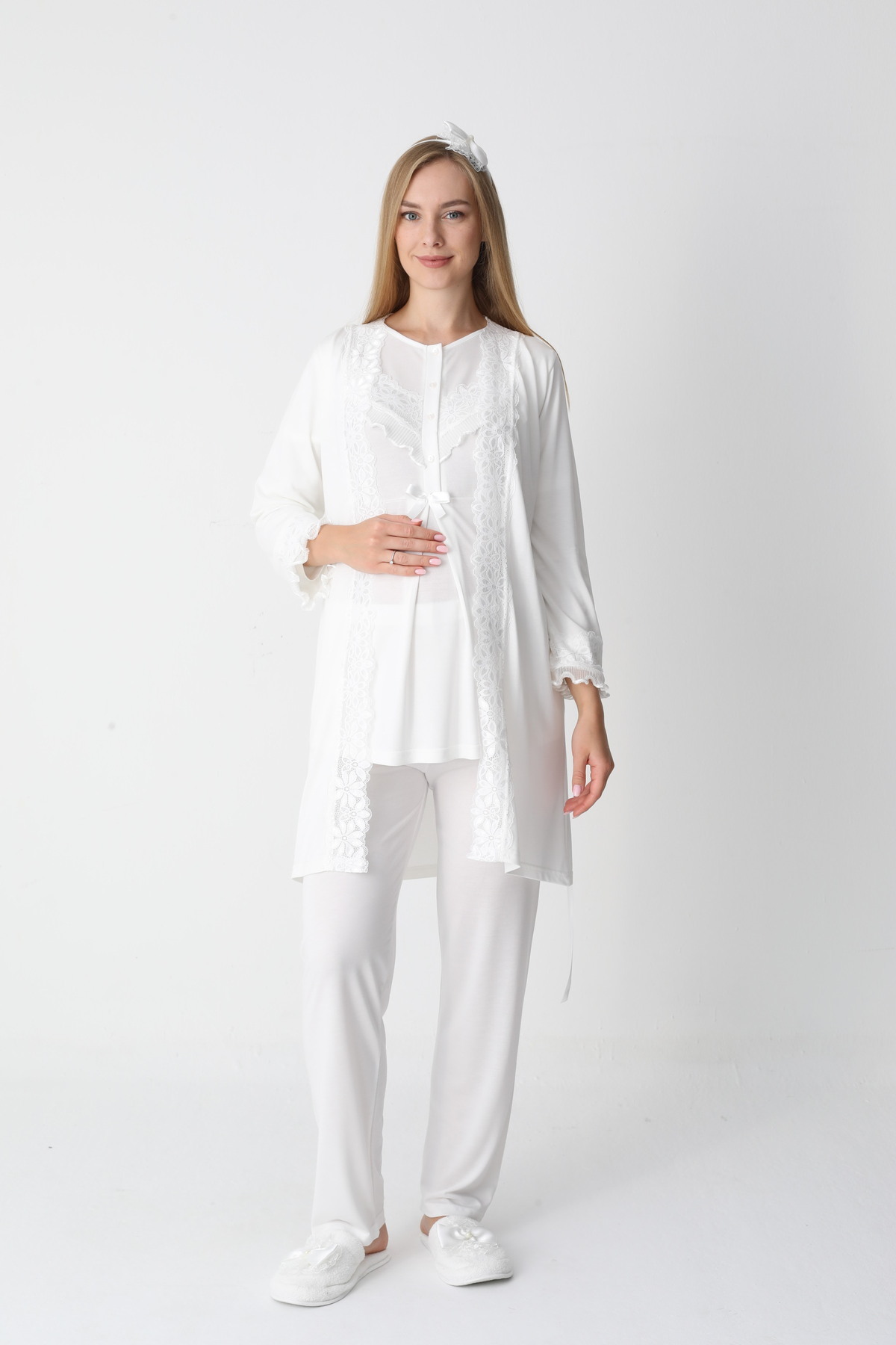 ERDENİZ TEKSTİL Sabahlıklı Güpürlü Hamile-Lohusa Pijama Takımı 3'lü Set