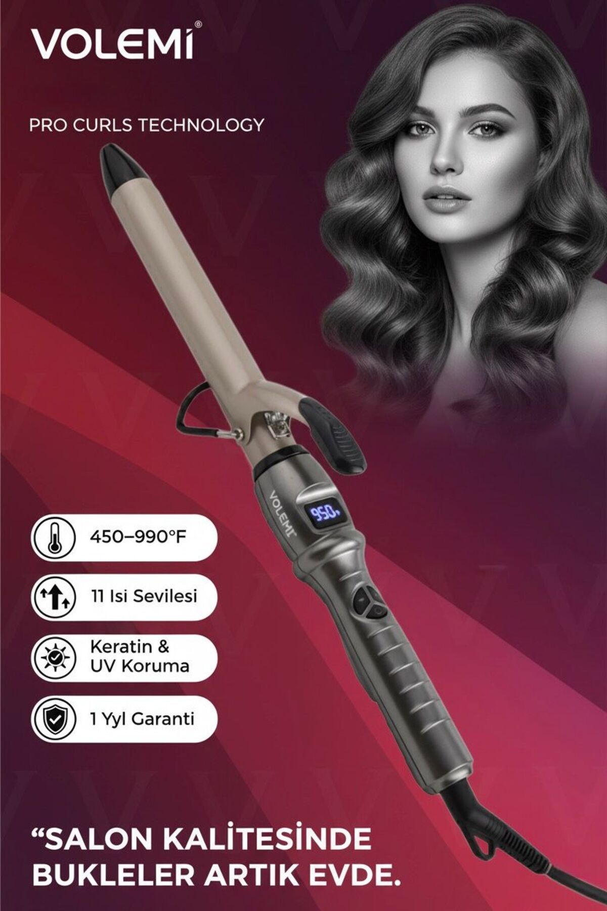 VOLEMİ V-0112 Dijital Sensörlü Saç Maşası 450-950°F 11 Kademeli Profesyonel Bukle Şekillendirici - Fiyatı, Yorumları