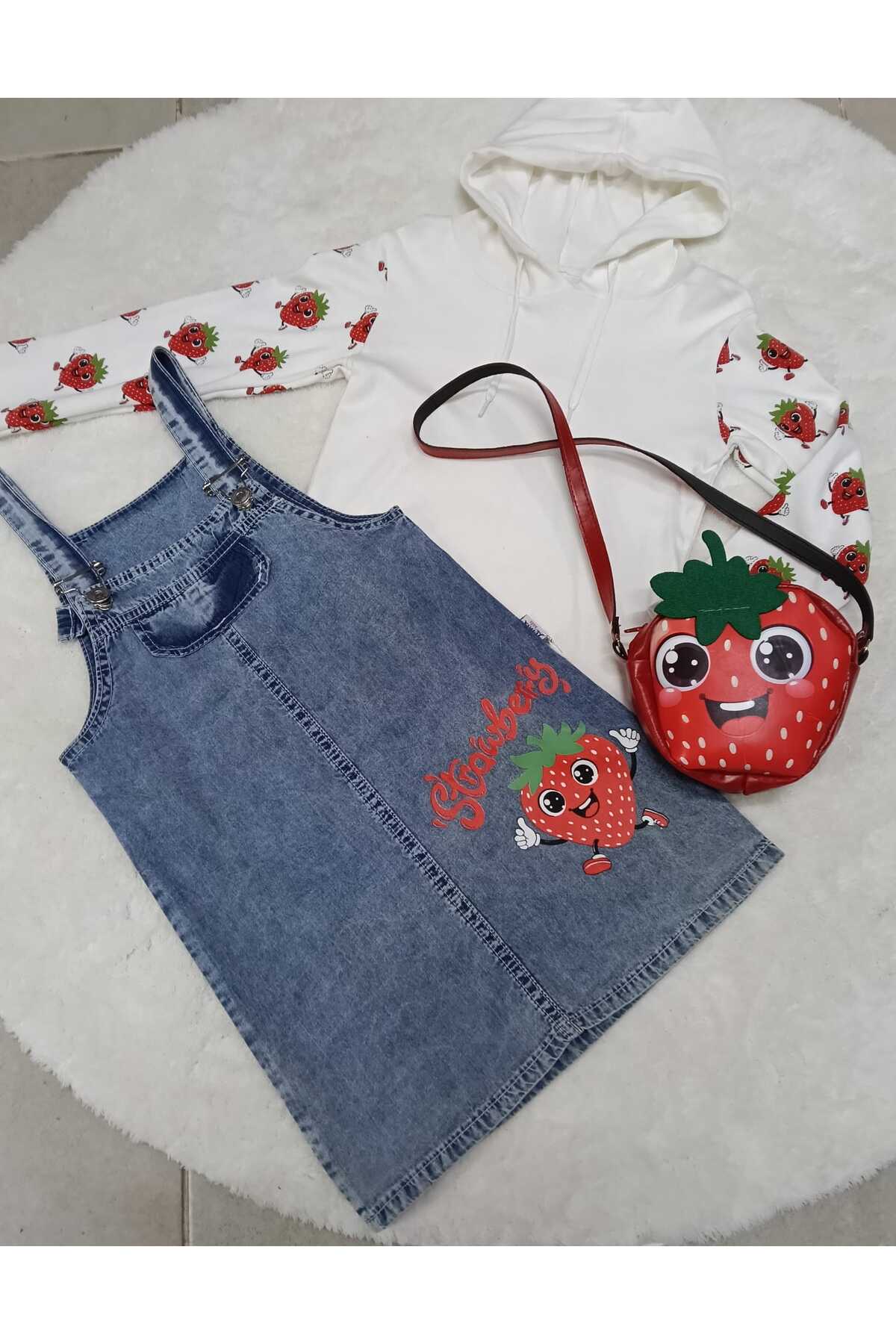 bubiee baby Çilek Baskılı Kot Jile Çanta Hediyeli 3 lü Takım fotoğrafı 2 (önizleme)