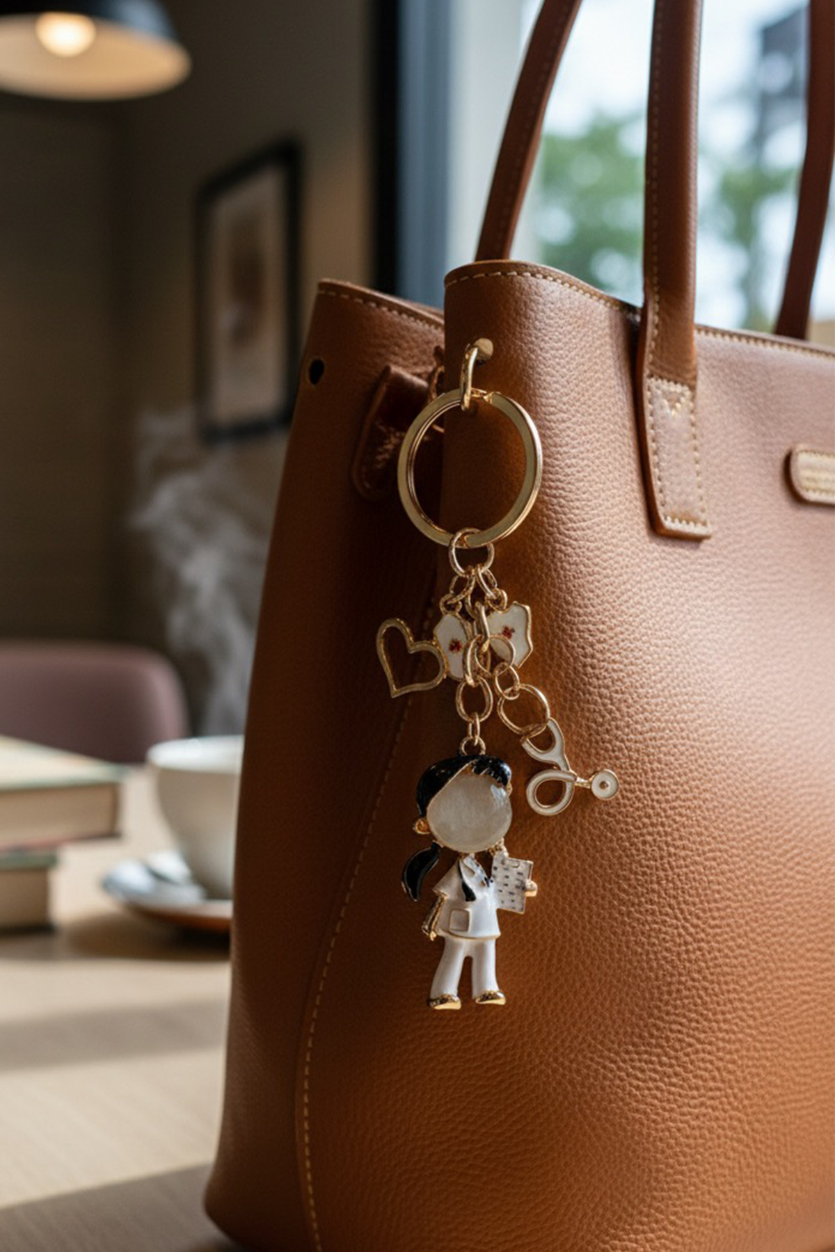 Modex Altın Sarısı Sağlık Temalı Siyah Saçlı Hemşire&Doktor Çanta Aksesuarı Anahtarlık