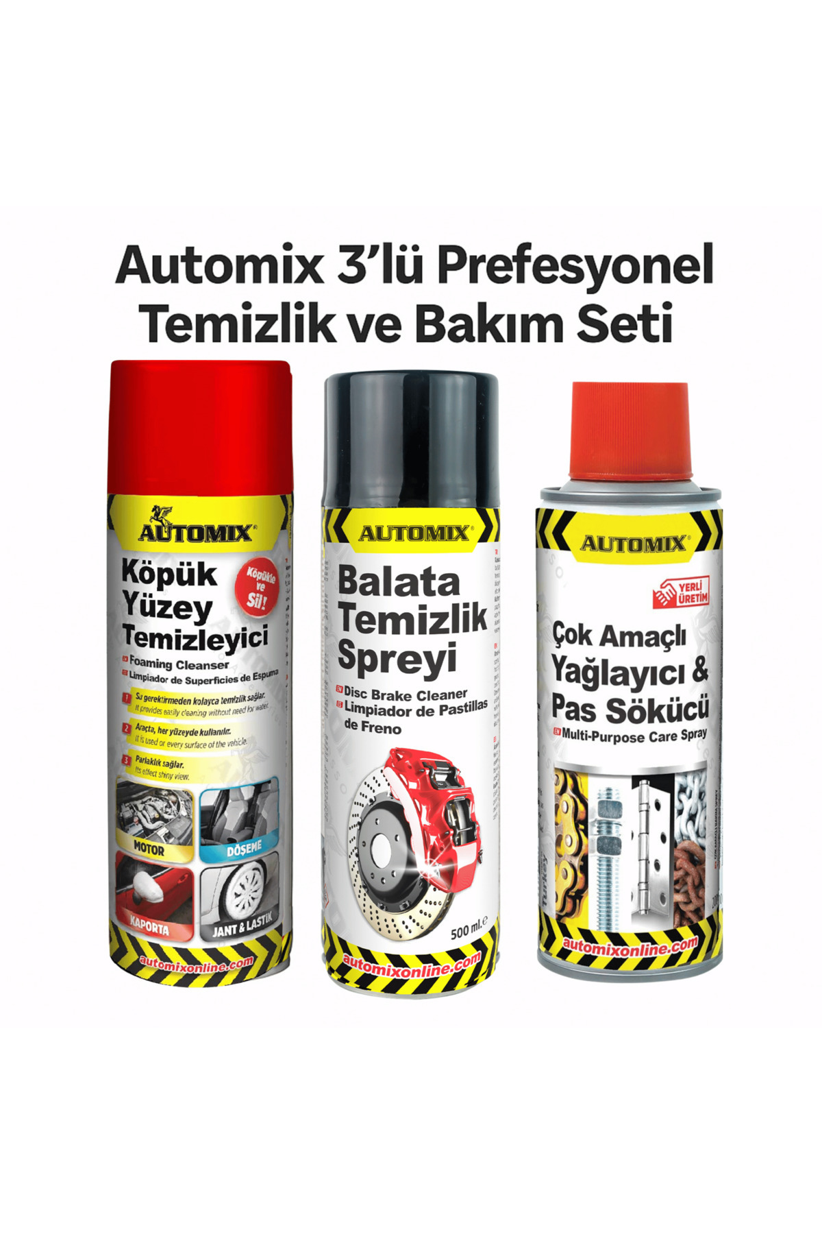 Automix 3’lü Temizlik ve Bakım Seti | Köpük Temizleyici + Balata Spreyi + Pas Sökücü Yağlayıcı