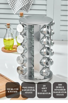 MAKRİ HOME 360 Dönebilen Paslanmaz Stantlı Cam Baharat Seti-20 Li Baharatlık-...