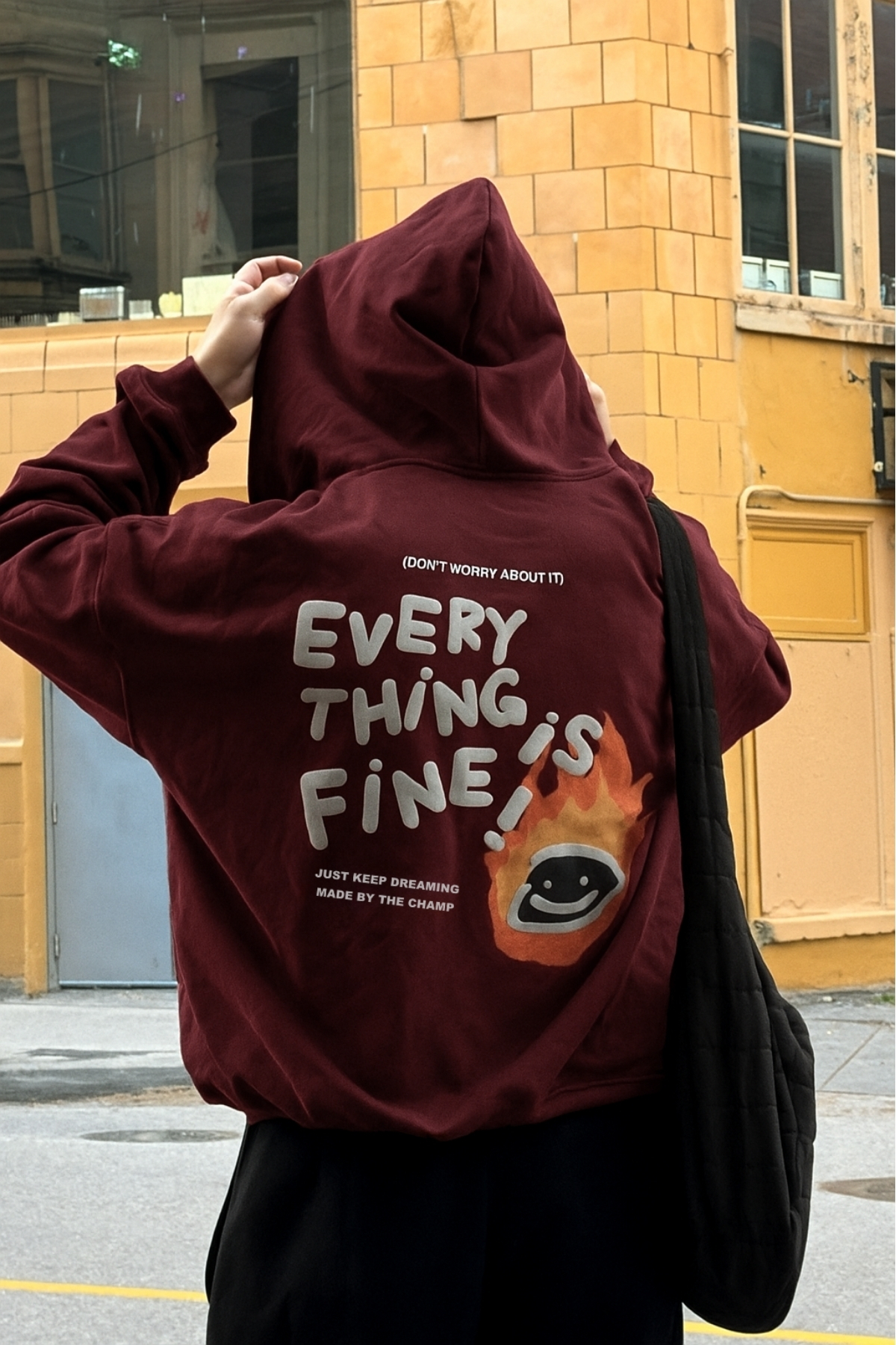 The Champ Clothing Unisex Oversize Sweatshirt Hoodie Every Thing Is Fine Baskılı Bordo–3 İplik Şardonlu Polar, Cepli