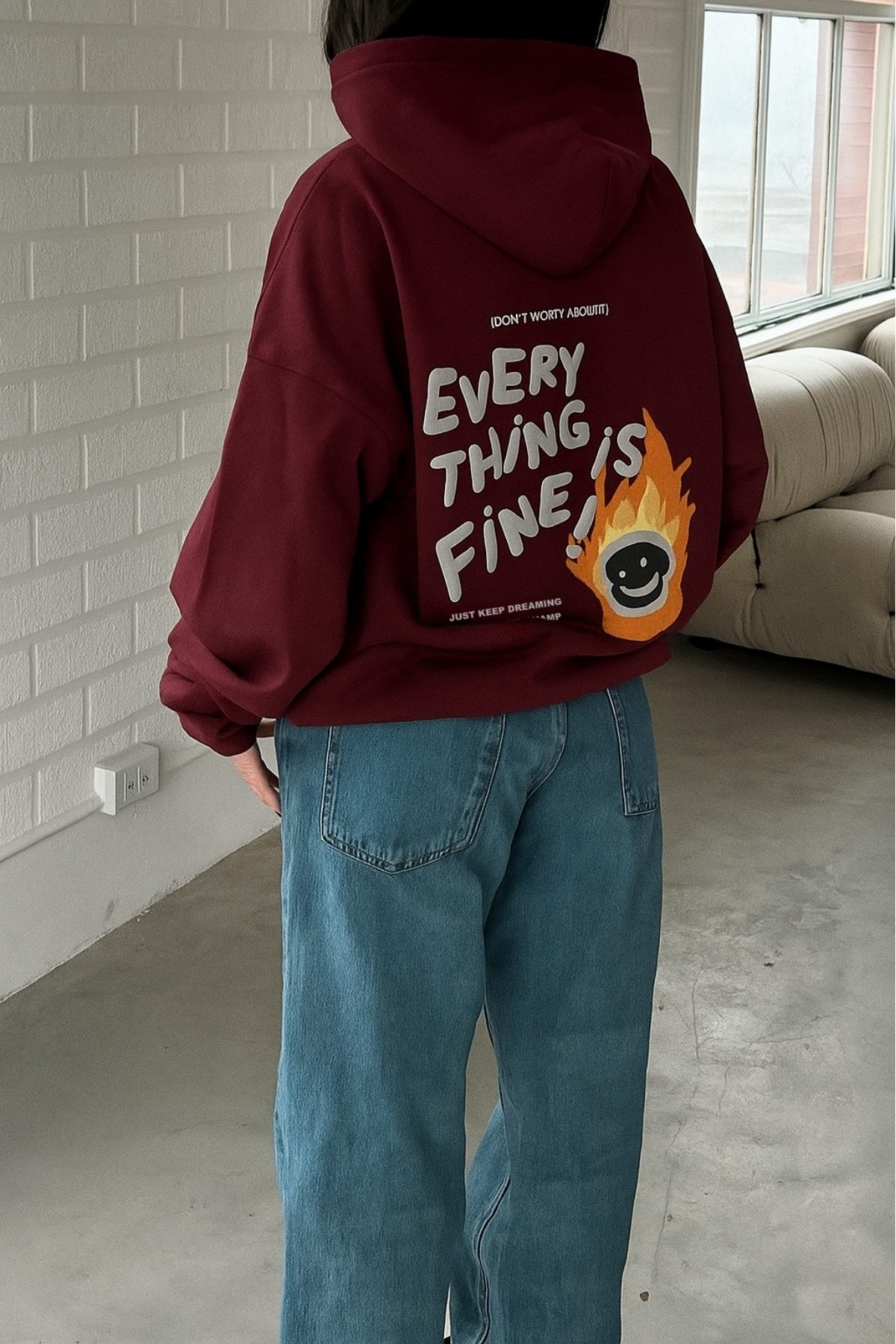 The Champ Clothing Unisex Oversize Sweatshirt Hoodie Every Thing Is Fine Baskılı Bordo–3 İplik Şardonlu Polar, Cepli görsel 3