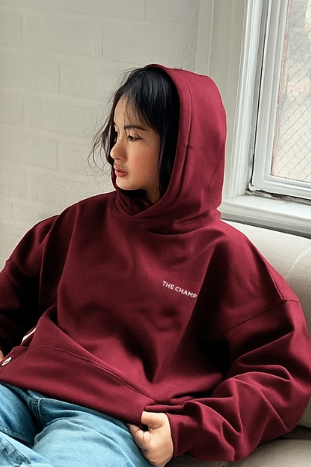 The Champ Clothing Unisex Oversize Sweatshirt Hoodie Every Thing Is Fine Baskılı Bordo–3 İplik Şardonlu Polar, Cepli görsel 4